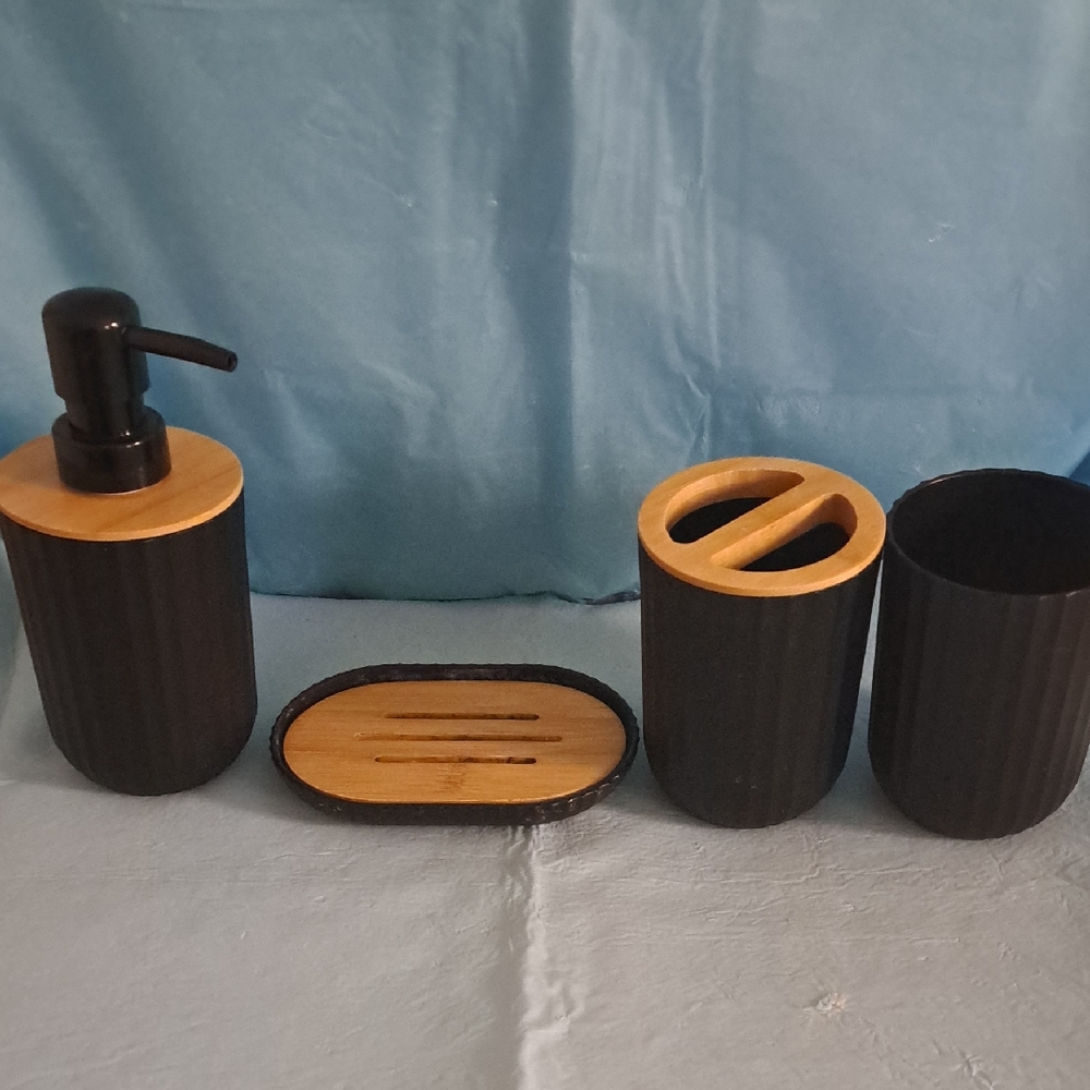 New Dark Brown and Tan Bamboo Bathroom Accessory Set